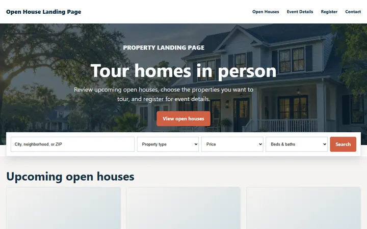 Open House Landing Page real estate website design preview