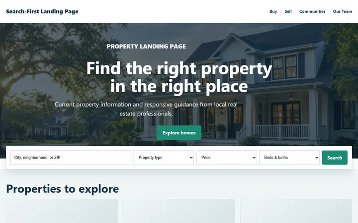 Search-First Landing Page real estate website design preview